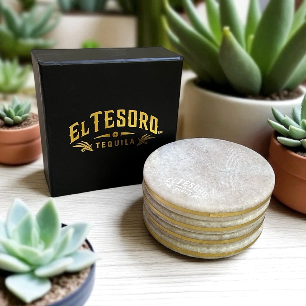RARE NIB El Tesoro Promotional Marble and Brass Tequila Coasters, Set of 4